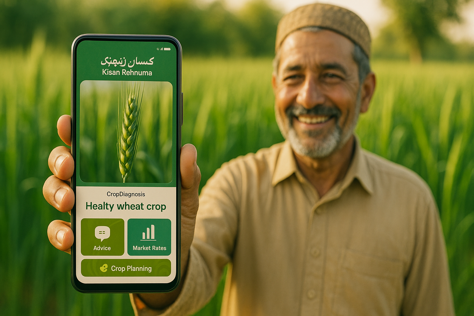 Pakistani farmer using Kisan Rehnuma app in field